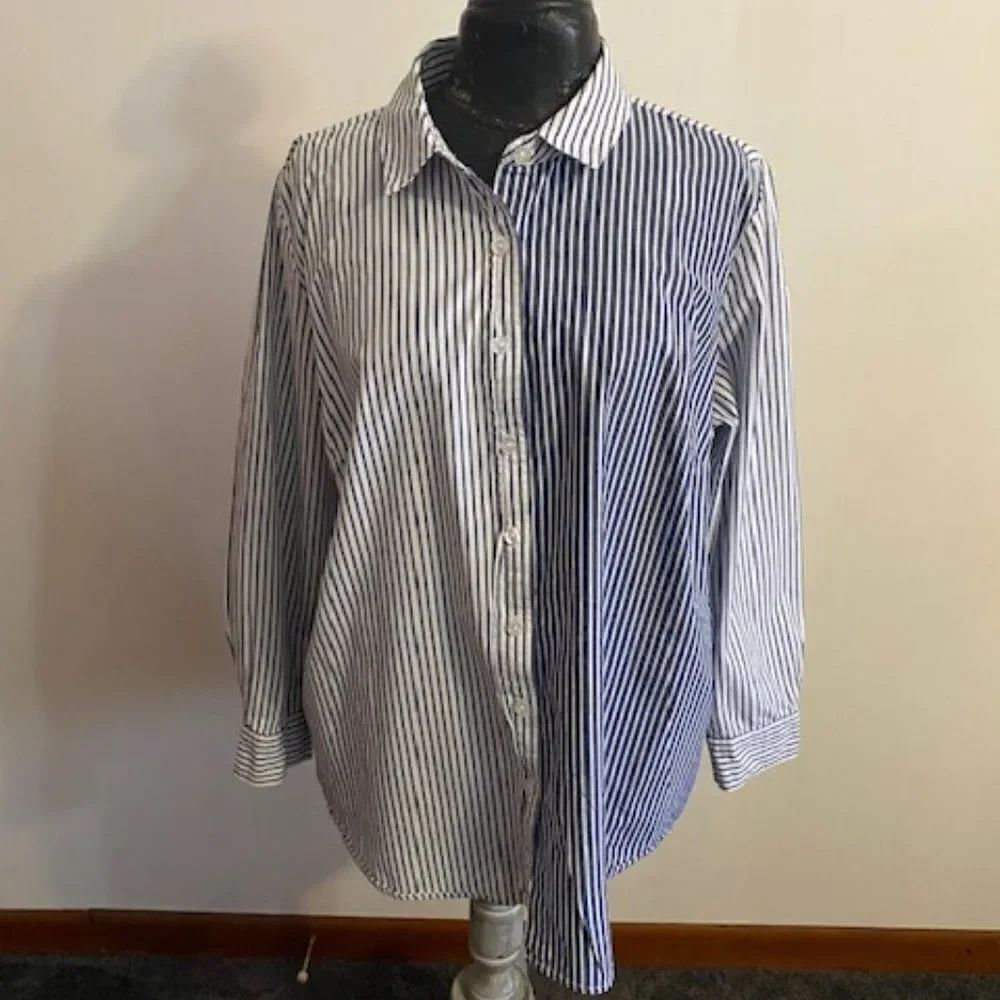 Woman Within Blue/White stripe button-down shirt, size 18/20
